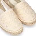 BEIGE Cotton Canvas Girl espadrille shoes with VICHY ties closure design.