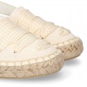 BEIGE Cotton Canvas Girl espadrille shoes with VICHY ties closure design.