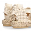 BEIGE Cotton Canvas Girl espadrille shoes with VICHY ties closure design.