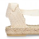 BEIGE Cotton Canvas Girl espadrille shoes with VICHY ties closure design.