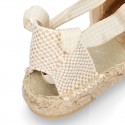 BEIGE Cotton Canvas Girl espadrille shoes with VICHY ties closure design.