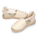 BEIGE Cotton Canvas Girl espadrille shoes with VICHY ties closure design.