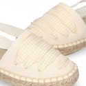 BEIGE Cotton Canvas Girl espadrille shoes with VICHY ties closure design.