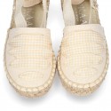 BEIGE Cotton Canvas Girl espadrille shoes with VICHY ties closure design.