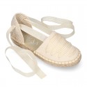 BEIGE Cotton Canvas Girl espadrille shoes with VICHY ties closure design.