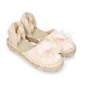 Girl Cotton Canvas CEREMONY espadrille shoes with ties and FLOWER design.