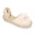 Girl Cotton Canvas CEREMONY espadrille shoes with ties and FLOWER design.