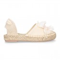 Girl Cotton Canvas CEREMONY espadrille shoes with ties and FLOWER design.