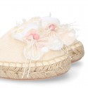 Girl Cotton Canvas CEREMONY espadrille shoes with ties and FLOWER design.