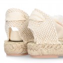 Girl Cotton Canvas CEREMONY espadrille shoes with ties and FLOWER design.