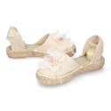 Girl Cotton Canvas CEREMONY espadrille shoes with ties and FLOWER design.