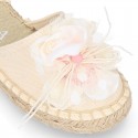 Girl Cotton Canvas CEREMONY espadrille shoes with ties and FLOWER design.