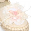 Girl Cotton Canvas CEREMONY espadrille shoes with ties and FLOWER design.