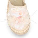 Girl Cotton Canvas CEREMONY espadrille shoes with ties and FLOWER design.