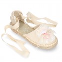 Girl Cotton Canvas CEREMONY espadrille shoes with ties and FLOWER design.