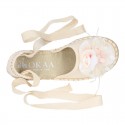 Girl Cotton Canvas CEREMONY espadrille shoes with ties and FLOWER design.