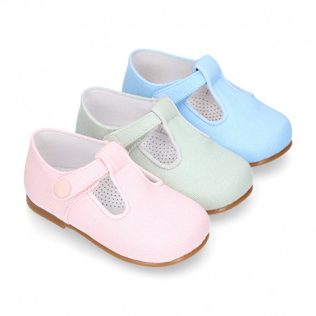 CEREMONY LINEN Little Kids T-Strap shoes in pastel colors.