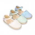 Linen canvas girl espadrille shoes for CEREMONIES with flower and pearls design.