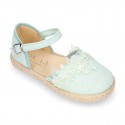 Linen canvas girl espadrille shoes for CEREMONIES with flower and pearls design.