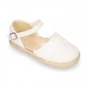 Linen canvas girl espadrille shoes for CEREMONIES with flower and pearls design.