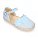 Linen canvas girl espadrille shoes for CEREMONIES with flower and pearls design.