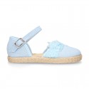 Linen canvas girl espadrille shoes for CEREMONIES with flower and pearls design.