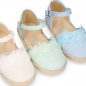 Linen canvas girl espadrille shoes for CEREMONIES with flower and pearls design.