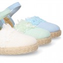 Linen canvas girl espadrille shoes for CEREMONIES with flower and pearls design.