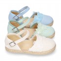 Linen canvas girl espadrille shoes for CEREMONIES with flower and pearls design.