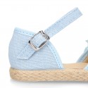 Linen canvas girl espadrille shoes for CEREMONIES with flower and pearls design.