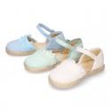 Linen canvas girl espadrille shoes for CEREMONIES with flower and pearls design.