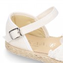 Linen canvas girl espadrille shoes for CEREMONIES with flower and pearls design.