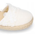 Linen canvas girl espadrille shoes for CEREMONIES with flower and pearls design.