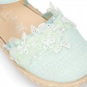 Linen canvas girl espadrille shoes for CEREMONIES with flower and pearls design.