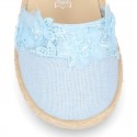 Linen canvas girl espadrille shoes for CEREMONIES with flower and pearls design.