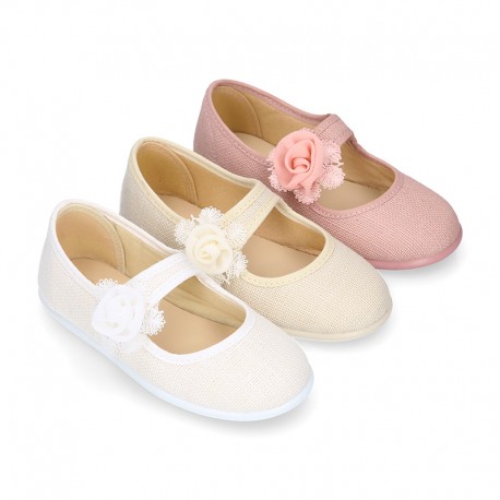 CEREMONIES Girl Mary Jane shoes with hook and loop strap and FLOWER in LINEN.