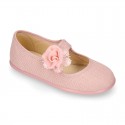 CEREMONIES Girl Mary Jane shoes with hook and loop strap and FLOWER in LINEN.