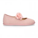 CEREMONIES Girl Mary Jane shoes with hook and loop strap and FLOWER in LINEN.