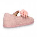 CEREMONIES Girl Mary Jane shoes with hook and loop strap and FLOWER in LINEN.