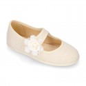 CEREMONIES Girl Mary Jane shoes with hook and loop strap and FLOWER in LINEN.