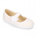 CEREMONIES Girl Mary Jane shoes with hook and loop strap and FLOWER in LINEN.