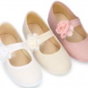 CEREMONIES Girl Mary Jane shoes with hook and loop strap and FLOWER in LINEN.