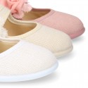 CEREMONIES Girl Mary Jane shoes with hook and loop strap and FLOWER in LINEN.