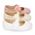 CEREMONIES Girl Mary Jane shoes with hook and loop strap and FLOWER in LINEN.