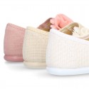 CEREMONIES Girl Mary Jane shoes with hook and loop strap and FLOWER in LINEN.