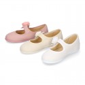 CEREMONIES Girl Mary Jane shoes with hook and loop strap and FLOWER in LINEN.