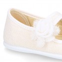CEREMONIES Girl Mary Jane shoes with hook and loop strap and FLOWER in LINEN.