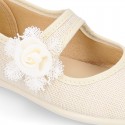 CEREMONIES Girl Mary Jane shoes with hook and loop strap and FLOWER in LINEN.