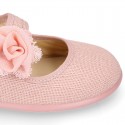 CEREMONIES Girl Mary Jane shoes with hook and loop strap and FLOWER in LINEN.