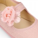 CEREMONIES Girl Mary Jane shoes with hook and loop strap and FLOWER in LINEN.